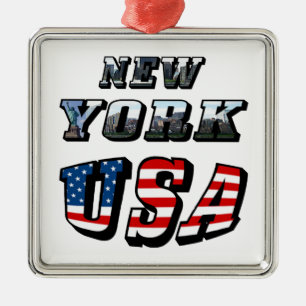 New York Picture and USA Flag Text Ornament Aus Metall
