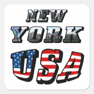 New York Picture and USA Flag Text Quadratischer Aufkleber