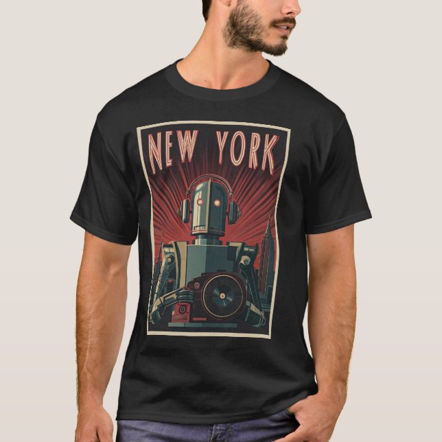 New York Robot Tourist – Art Deco Travel Poster T-Shirt (Vorderseite)