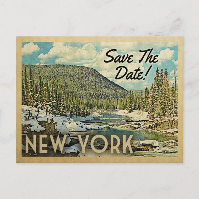 New York Save the Date Mountain River Snow Ankündigungspostkarte (Vorderseite)