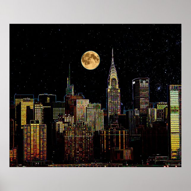 New York Skyline bei Nacht mit Vollmond Poster (Vorne)