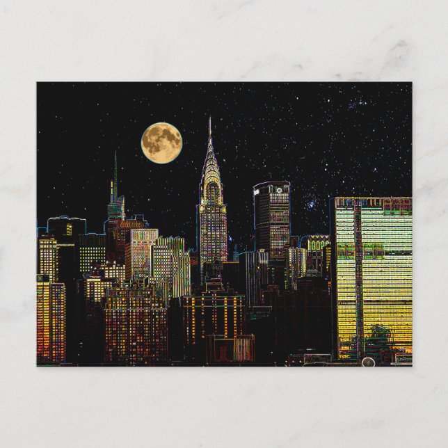 New York Skyline bei Nacht mit Vollmond Postkarte (Vorderseite)