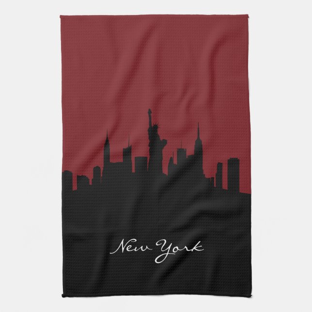 New York Skyline| Dunkelrot Geschirrtuch (Vertikal)