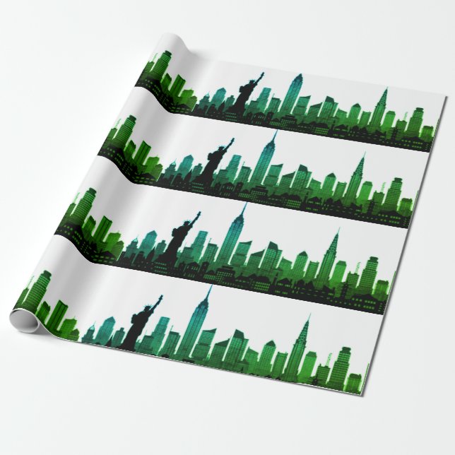 New York Skyline Green Big Apple Modern City Geschenkpapier (Ungerollt)