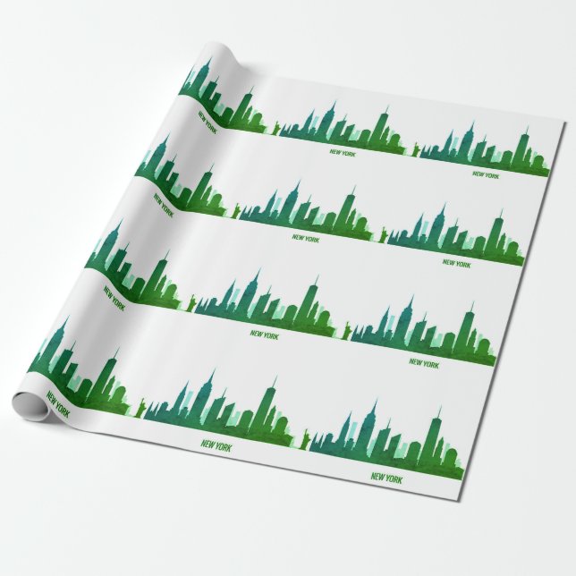 New York Skyline Green Big Apple Modern City Geschenkpapier (Ungerollt)
