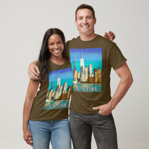 New York Skyline in Cobalt Blue und Tan T-Shirt