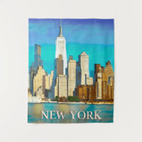 New York Skyline in Cobalt Blue und Tan