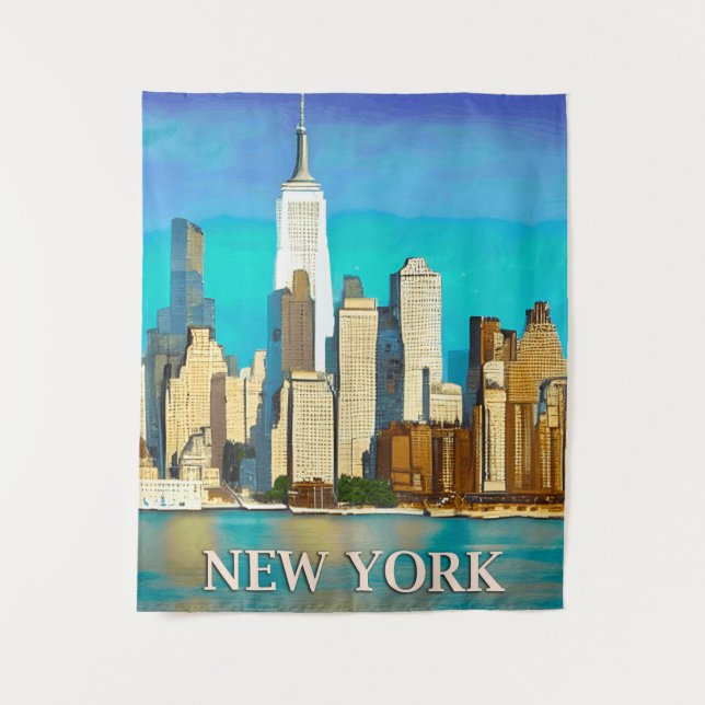 New York Skyline in Cobalt Blue und Tan Wandteppich (Vorderseite)
