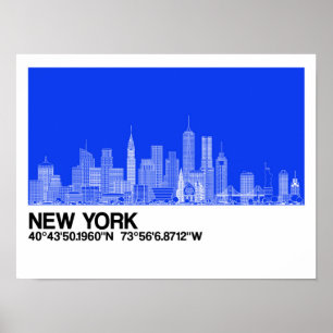 New York Skyline + Koordinaten in Blue Backgr. Poster