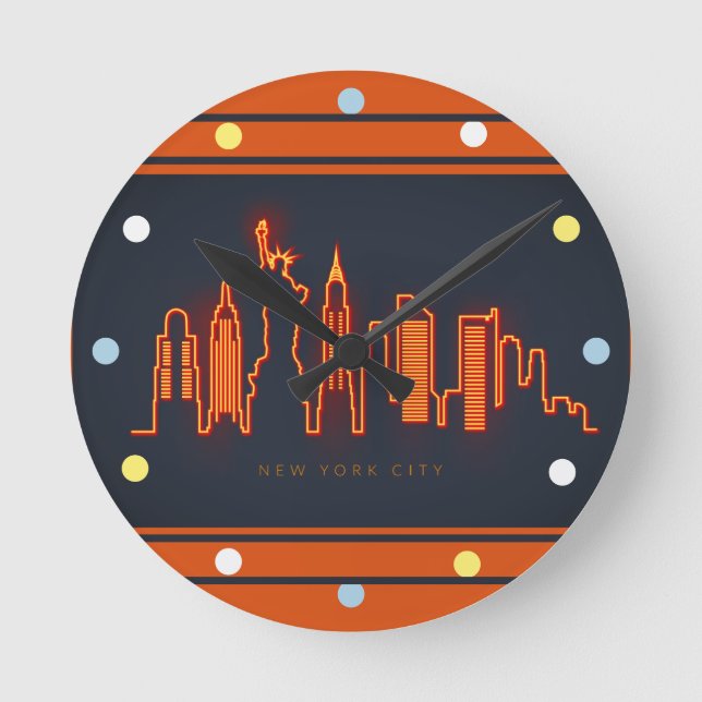 New York Skyline Orange Neon Look City Wall Runde Wanduhr (Vorderseite)