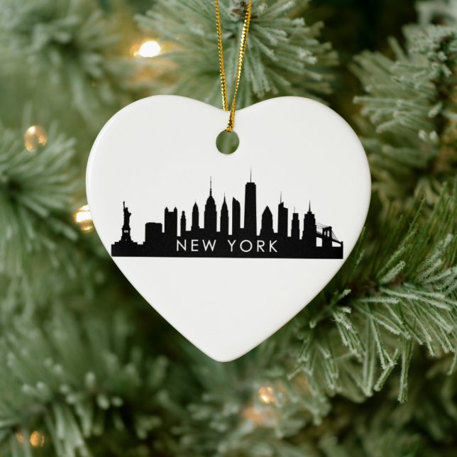 New York Skyline Silhouette Black Elegante Script Keramik Ornament (Baum)