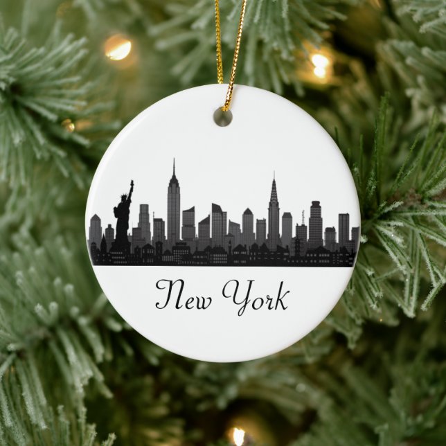 New York Skyline Silhouette Black Elegante Script  Keramik Ornament (Baum)