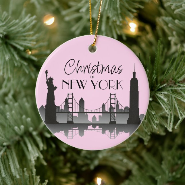 NEW YORK Skyline Silhouette Modern Pink Keramik Ornament (Baum)