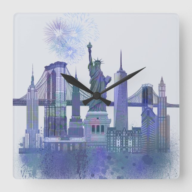 New York Skyline - Watercolor Blue Quadratische Wanduhr (Vorderseite)