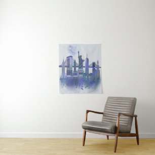 New York Skyline - Watercolor Blue Wandteppich