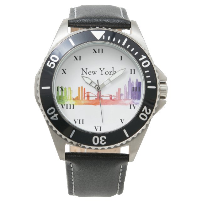 New York Skyline Watercolor Brooklyn Americana Armbanduhr (Vorderseite)