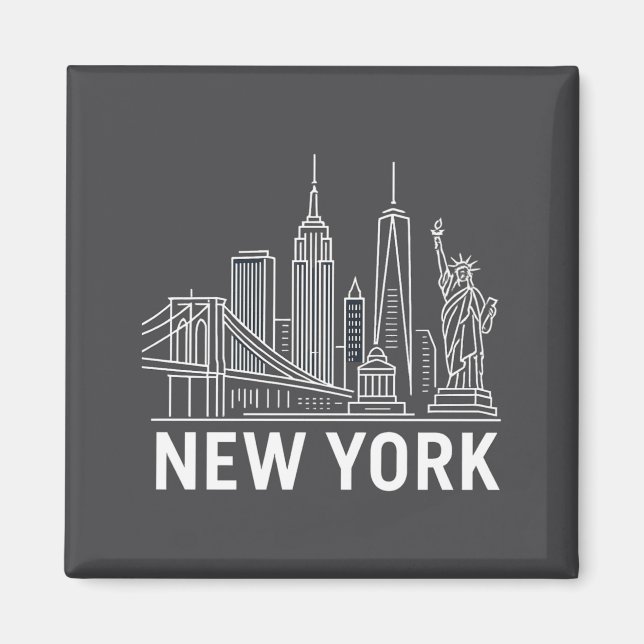 New York Skyline With Statue Of Liberty White Line Magnet (Vorne)