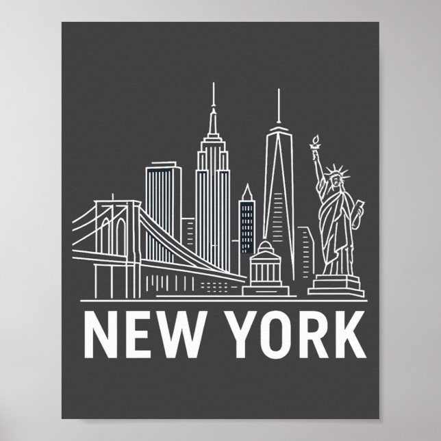New York Skyline With Statue Of Liberty White Line Poster (Vorne)