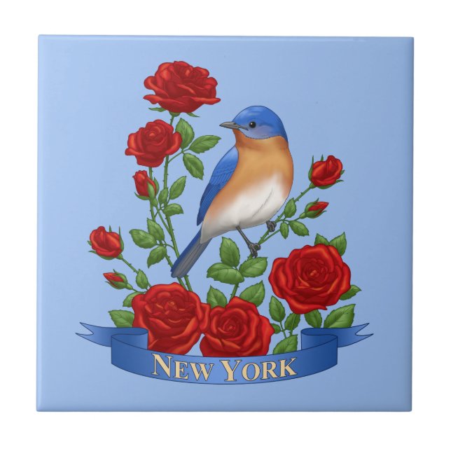 New York Staat Bird & Blume - Bluebird & Rote Rose Fliese (Vorderseite)