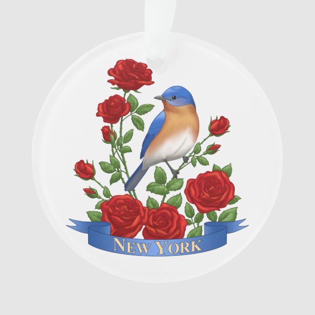 New York Staat Bird & Blume - Bluebird & Rote Rose Ornament (Vorderseite)