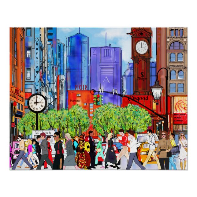 New York Street Scene Art People Crossing Street Poster (Vorderseite)