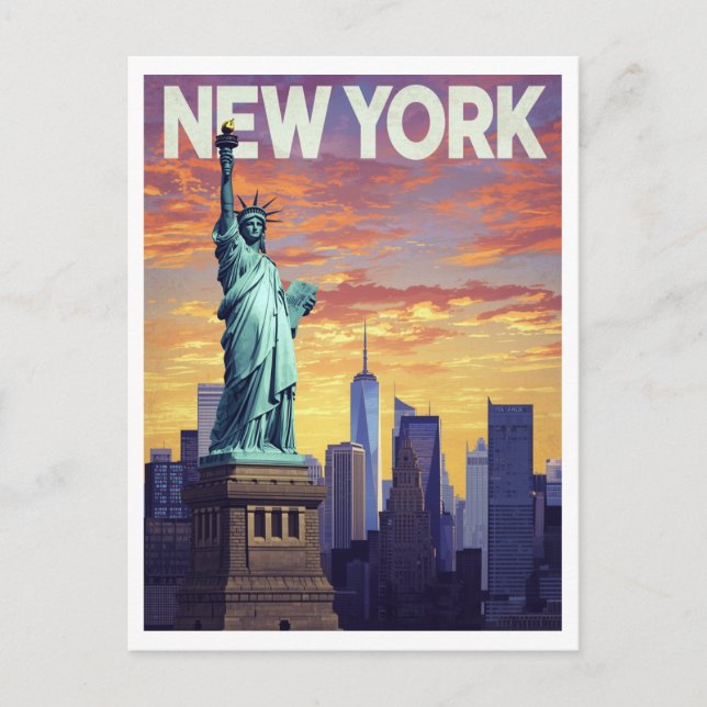New York Travel Poster: Statue of Liberty Sunset Postkarte (Vorderseite)