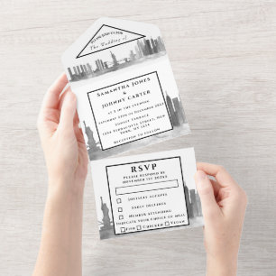 New York UAWG Black and White Modern Wedding All In One Einladung
