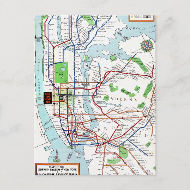 New York: Untergrundbahn Map, 1940 Postkarte (Vorderseite)