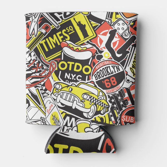 New York urban: Aufkleberpatchwork. Dosenkühler (Vorderseite)