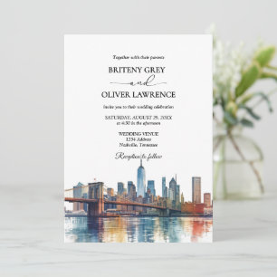 New York Watercolor Skyline Hochzeit in Urlaubsort Einladung