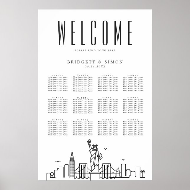 New York Wedding | 12 Tabelle Sitzplan Poster (Vorne)