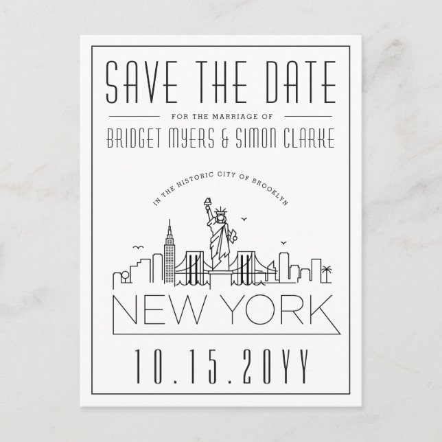 New York Wedding | Stilisierte Skyline Save the Da Postkarte (Vorderseite)