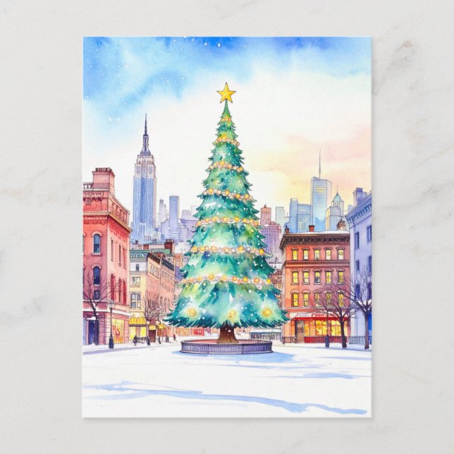 New York Weihnachtsbaum und Skyline Postkarte (Vorderseite)