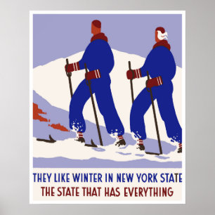 New York Winter Skiing Vintage Travel Poster