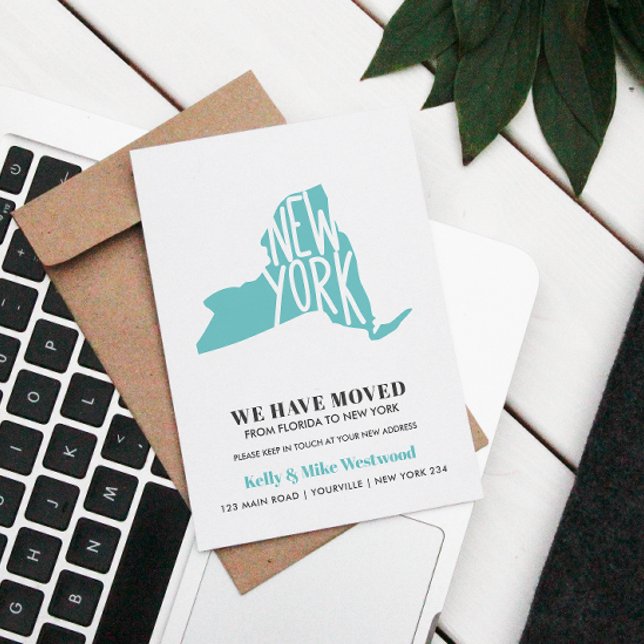 NEW YORK Wir haben neue Adresse Neue Zuhause versc Postkarte (New York Modern Change Address Postcard with Silhouette Map in BLUE and Customizable Name Address)