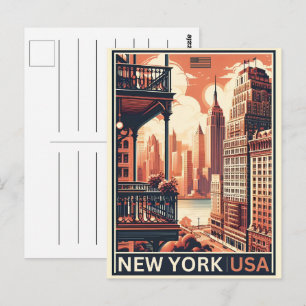 New Yorker Gebäude Vintager Balkon Postkarte