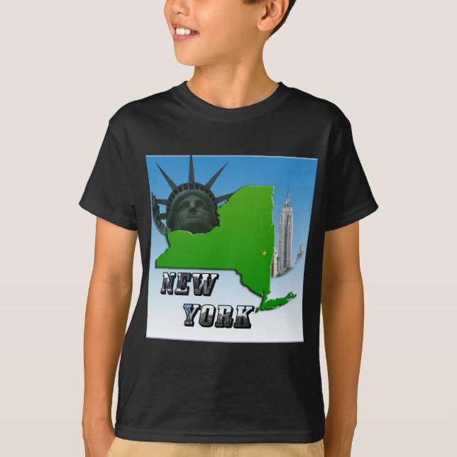 New Yorker Karte, Freiheitsstatue, Denkmal T-Shirt (Vorderseite)