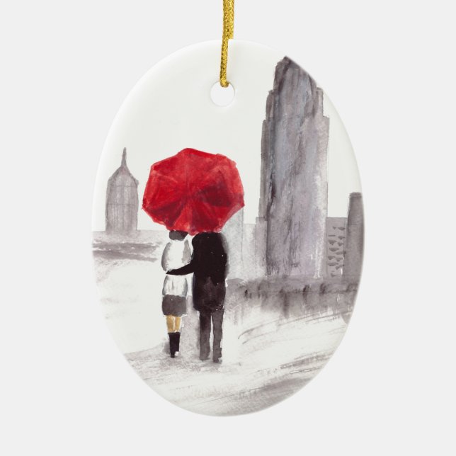 New Yorker Liebe Ehepaar Regenschirm NYC Aquarell Keramikornament (Vorne)