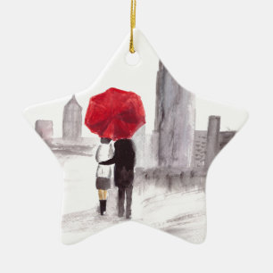 New Yorker Liebespaar mit rotem Regenschirm Keramik Ornament