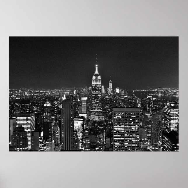 New Yorker Nachtskyline in Schwarzweiß Poster (Vorne)