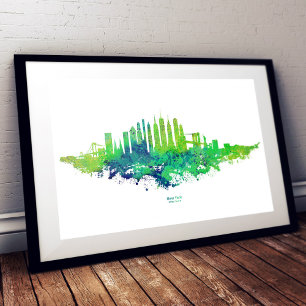 New Yorker Skyline Aquarell in Blau und Limette Fotodruck