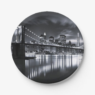 New Yorker Skyline Brooklyn Bridge Monochrom Nacht Pappteller