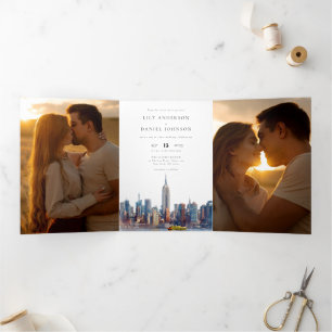 New Yorker Skyline QR Code 3 Foto Hochzeit Dreifach Gefaltete Einladung