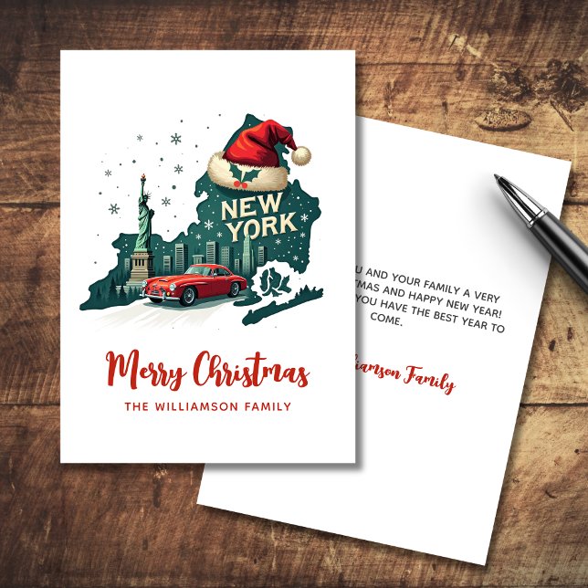 New Yorker Staat Merry Christmas Retro Personalisi Karte (Personalize with your text and Family Names, other items available in collection)