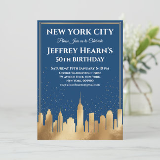 New Yorker Stadtbild Geburtstagsparty Blau & Gold Einladung