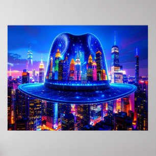 New Yorker Stadtgebäude bei Nacht unter Fedora-Hut Poster