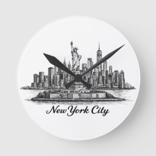 New Yorker Stadtsilhouette Linienkunst Illustratio Runde Wanduhr