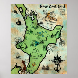 New Zealand Treasmap Fantasy North Island Poster