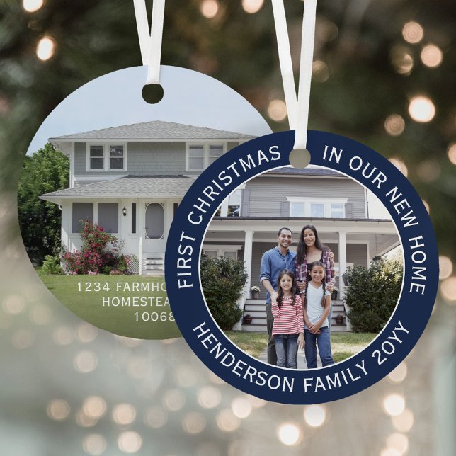 New Zuhause Address 1. Weihnachts 2 Foto Navy Blue Ornament Aus Metall (Von Creator hochgeladen)