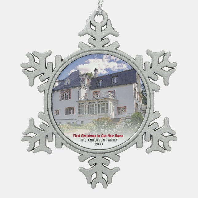 New Zuhause House Foto First Christmas Schneeflocken Zinn-Ornament (Vorderseite)